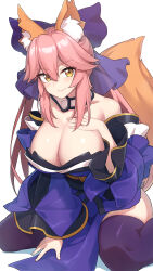 Rule 34 | 1girl, absurdres, animal ear fluff, animal ears, arukiru, bare shoulders, blue sleeves, bow, breasts, choker, cleavage, closed mouth, detached sleeves, eyes visible through hair, fate/extra, fate (series), fox ears, fox girl, fox tail, hair between eyes, hair bow, hand on own chest, highres, large breasts, looking at viewer, pink hair, purple bow, purple thighhighs, simple background, sitting, smile, solo, tail, tamamo (fate), tamamo no mae (fate/extra), thighhighs, white background, white choker, yellow eyes