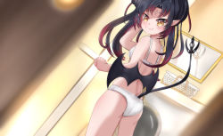 Rule 34 | 1girl, absurdres, back, bathroom, black hair, blurry, blurry foreground, blush, bra, commission, demon tail, demon wings, ears, eyelashes, highres, idol corp, knee up, lily sin, looking at viewer, multicolored hair, nose, orange eyes, panties, pointy ears, shironomi, simple background, solo, tail, underwear, virtual youtuber, white bra, white panties, wings
