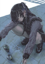Rule 34 | 1girl, black eyes, black hair, can, cigarette, ear piercing, earrings, eyeliner, frills, highres, jewelry, jonpei, long hair, looking at viewer, makeup, mask, mask pull, mouth mask, original, piercing, purple hair, skirt, solo, spread legs, squatting, thigh strap, two side up