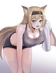 Rule 34 | 1girl, animal ears, arknights, bare arms, bare shoulders, bent over, black hairband, blonde hair, breasts, commentary, cowboy shot, crop top, gradient background, green eyes, grey background, hairband, highres, horn (arknights), large breasts, long hair, looking at viewer, midriff, open mouth, singwee, solo, sports bra, sweat, thighs, very long hair, white background, wolf ears