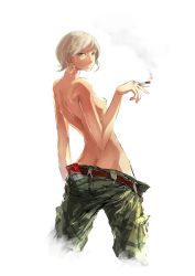 Rule 34 | 1girl, blonde hair, butt crack, camouflage, cigarette, cigarette pack, flat chest, highres, jittsu, looking back, marlboro, military, military uniform, nipples, original, short hair, small breasts, smoking, solo, topless, uniform, unzipped, yellow eyes