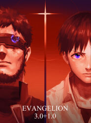 Rule 34 | 2boys, beard, black jacket, black shirt, brown hair, bullet hole, closed mouth, collared shirt, commentary request, copyright name, cross, evangelion: 3.0+1.0 thrice upon a time, facial hair, father and son, head-mounted display, highres, ikari gendou, ikari shinji, jacket, looking at viewer, male focus, multiple boys, neon genesis evangelion, purple eyes, rebuild of evangelion, red background, red theme, rott ur, shirt, short hair, upper body, white shirt