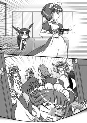 Rule 34 | 6+girls, apron, bow, comic, coru, couch, crying, elza straherz, eyeball, fins, firing, gloom (expression), gloves, greyscale, gun, hair bow, handgun, head fins, head out of frame, headshot, highres, japanese clothes, kimono, maid, maid apron, maid headdress, monochrome, monster girl, multiple girls, o o, open mouth, original, pointy ears, puffy short sleeves, puffy sleeves, rakurakutei ramen, ran straherz, revolver, scar, scared, short sleeves, silent comic, sitting, stitches, streaming tears, surprised, sweat, tears, tentacles, two side up, weapon, zombie