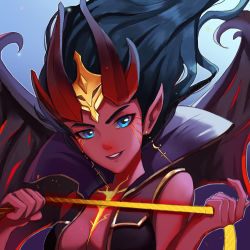 Rule 34 | 1girl, absurdres, black hair, blue eyes, breasts, cleavage, collared shirt, crown, demon girl, demon wings, dota (series), dota 2, earrings, grin, highres, holding, holding whip, hongweiyueyueniao, jewelry, lips, looking at viewer, medium hair, open mouth, pointy ears, queen of pain (dota), shirt, sleeveless, smile, solo, teeth, v-shaped eyebrows, wings