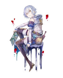 Rule 34 | 1boy, alt (atelier), androgynous, atelier (series), atelier lydie &amp; suelle, back, bare shoulders, bishounen, book, boots, full body, male focus, official art, simple background, sitting, solo, teeth, white background, white hair, yellow eyes, yuugen