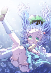 Rule 34 | 1girl, bad id, bad pixiv id, bloomers, blue hair, boots, bubble, female focus, green eyes, hair bobbles, hair ornament, hat, highres, kawashiro nitori, kuromame (8gou), rubber boots, rubber duck, short hair, skirt, solo, touhou, twintails, two side up, underwater, underwear