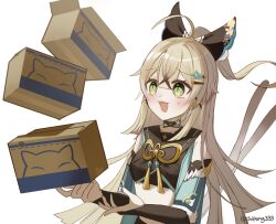 Rule 34 | 1girl, :d, ahoge, black bow, bow, box, breasts, bridal gauntlets, brown hair, cardboard box, chipong, commentary request, genshin impact, green eyes, hair between eyes, hair bow, hair ornament, hairclip, kirara (genshin impact), long hair, medium breasts, multicolored hair, open mouth, ponytail, simple background, smile, solo, streaked hair, twitter username, upper body, very long hair, white background