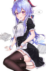 Rule 34 | 1girl, absurdres, alternate costume, apron, bad id, bad pixiv id, black dress, black thighhighs, blue hair, blush, breasts, broom, corset, cup, dress, enmaided, feet out of frame, flying sweatdrops, ganyu (genshin impact), garter straps, genshin impact, goat horns, hair between eyes, highres, horns, long hair, looking at viewer, lying, maid, maid headdress, medium breasts, neon (hhs9444), on side, open mouth, plate, puffy short sleeves, puffy sleeves, purple eyes, short sleeves, sidelocks, solo, spill, spoken squiggle, squiggle, sweatdrop, thighhighs, thighs, water, white apron, white background, wrist cuffs