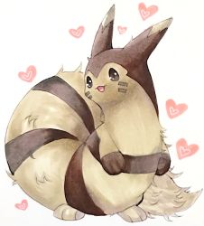 Rule 34 | :3, animal focus, black eyes, creatures (company), facial mark, furret, game freak, gen 2 pokemon, happy, heart, heart background, highres, looking at viewer, marker (medium), mofuo, nintendo, no humans, open mouth, pokemon, pokemon (creature), simple background, smile, solo, standing, traditional media, whisker markings, white background