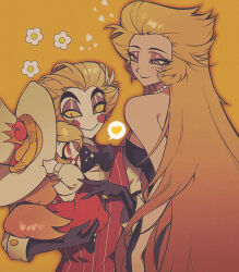 Rule 34 | 1boy, 2girls, blonde hair, breasts, charlie morningstar, couple, demon boy, demon girl, dress, father and daughter, hair slicked back, hazbin hotel, highres, husband and wife, large breasts, lilith (hazbin hotel), long hair, looking at another, lucifer morningstar (hazbin hotel), mother and daughter, multiple girls, purple dress, user jjmr2537