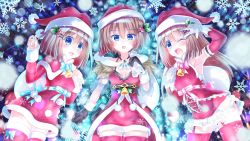Rule 34 | 3girls, armpits, bell, blanc (neptunia), blue eyes, blush, breasts, brown hair, choujigen game neptune, christmas, christmas sweater, collar, collarbone, covered erect nipples, dress, gloves, hat, highres, kazuneko (wktk1024), long hair, looking at viewer, medium breasts, midriff, multiple girls, neck bell, neptune (series), nipples, no bra, one eye closed, open mouth, outdoors, petite, ram (neptunia), ribbon, rom (neptunia), santa costume, santa hat, shin jigen game neptune vii, shiny skin, short hair, siblings, sisters, skirt, small breasts, smile, snow, snow shelter, snowing, stomach, thighhighs, twins, zettai ryouiki