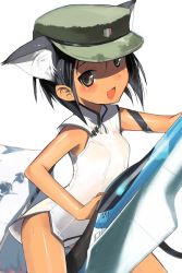 Rule 34 | 00s, 1girl, :d, animal ears, black eyes, black hair, blush, cat ears, cat tail, china dress, chinese clothes, dress, furiata, gun, hat, konami mecha musume, leaning forward, mecha musume, microdress, military, one-piece swimsuit, open mouth, panties, see-through, shimada fumikane, shiny skin, short hair, simple background, smile, solo, strike witches, sweat, swimsuit, tail, tan, underwear, weapon, white background, white one-piece swimsuit, white panties, world witches series