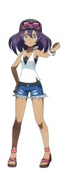 Rule 34 | 1girl, asatsuki (fgfff), bare legs, bracelet, breasts, clenched hand, closed mouth, creatures (company), dark-skinned female, dark skin, denim, denim shorts, eyewear on head, feet, female focus, full body, game freak, grey eyes, hand on own hip, hat, highres, jewelry, legs, looking at viewer, medium breasts, mega stone, nintendo, official style, pokemon, pokemon sm, purple hair, sandals, shirt, short hair, shorts, sina (pokemon), sleeveless, sleeveless shirt, small breasts, solo, sunglasses on head, third-party edit, white background