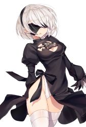 Rule 34 | 1girl, absurdres, ass, bad id, bad pixiv id, black dress, black thighhighs, blindfold, breasts, cowboy shot, dress, goyain, hairband, highres, nier (series), nier:automata, panties, short hair, skirt, small breasts, solo, thighhighs, thighs, underwear, white hair, white panties, white thighhighs, 2b (nier:automata)