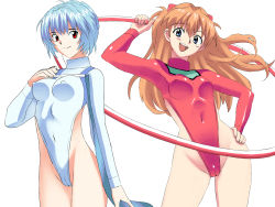Rule 34 | 2girls, adapted costume, ayanami rei, baba arumi, bare legs, blue eyes, blue hair, breasts, brown hair, cameltoe, character sheet, cleft of venus, covered erect nipples, covered navel, curvy, female focus, gymnastics, hand on own hip, highleg, highleg leotard, highres, hoop, hula hoop, leotard, long hair, looking at viewer, multiple girls, neon genesis evangelion, open mouth, orange eyes, orange hair, red eyes, red leotard, revealing clothes, rhythmic gymnastics, see-through, shiny clothes, shiny skin, short hair, skin tight, smile, souryuu asuka langley, standing, thong leotard, twintails, white background, white leotard, wide hips