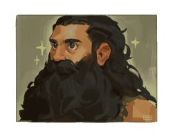 Rule 34 | 1boy, absurdres, artist name, beard, beard over mouth, black eyes, black hair, commentary, dungeon meshi, english commentary, facial hair, green background, highres, long beard, long hair, maik check, male focus, portrait, senshi (dungeon meshi), simple background, sparkling aura