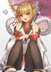 Rule 34 | 1girl, 2019, :d, animal ears, bare shoulders, black pantyhose, blurry, braid, brown eyes, brown hair, chinese zodiac, commentary request, coyucom, depth of field, detached sleeves, fang, granblue fantasy, hair ornament, highres, holding, holding umbrella, japanese clothes, kimono, knees up, long sleeves, looking at viewer, oil-paper umbrella, open mouth, pantyhose, pelvic curtain, pig, rope, sandals, shimenawa, short hair, sitting, smile, solo, teeth, thick eyebrows, umbrella, vajra (granblue fantasy), white footwear, white kimono, wide sleeves, year of the pig, zouri