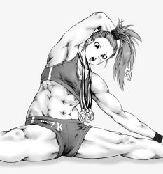 Rule 34 | 1girl, abs, arm up, armpits, bandaid, bare shoulders, biceps, breasts, captain mizuki, cleavage, flexible, greyscale, groin, gym shorts, long hair, looking at viewer, medal, medium breasts, midriff, monochrome, muscular, muscular female, navel, one-punch man, open mouth, ponytail, short shorts, shorts, simple background, solo, split, sports bra, spread legs, stretching, toned, white background, wristband