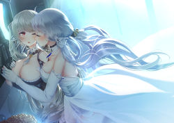 Rule 34 | 2girls, azur lane, backless dress, backless outfit, bare shoulders, between breasts, blush, breast press, breasts, choker, cleavage, closed eyes, clothing cutout, dress, elbow gloves, floating hair, formidable (azur lane), frilled dress, frills, gloves, grabbing, grabbing another&#039;s breast, grey hair, hand on another&#039;s chest, holding hands, illustrious (azur lane), imo bouya, incest, large breasts, lolita fashion, long hair, looking at another, mole, mole under eye, multiple girls, necktie, necktie between breasts, parted lips, red eyes, shoulder cutout, siblings, sisters, two-tone choker, upper body, white dress, white gloves, white hair, yuri