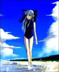 Rule 34 | 00s, 1girl, blue hair, half updo, len (tsukihime), melty blood, one-piece swimsuit, pointy ears, red eyes, solo, swimsuit, tsukihime, type-moon