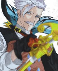 Rule 34 | 1boy, black gloves, blue eyes, blurry foreground, cane, popped collar, facial hair, fate/grand order, fate (series), gloves, hair slicked back, highres, james moriarty (archer) (fate), looking at viewer, male focus, mustache, old, old man, simple background, solo, trstfx (lina), upper body, vest, white background, white hair