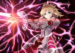 Rule 34 | 1girl, absurdres, armor, armored dress, blonde hair, braid, breasts, clarent (fate), commentary request, energy, fate/apocrypha, fate (series), gauntlets, green eyes, hair ornament, hair scrunchie, highres, huge filesize, long hair, looking at viewer, mordred (fate), mordred (fate/apocrypha), ponytail, red scrunchie, scrunchie, smile, solo, sou skate714, sword, teeth, weapon