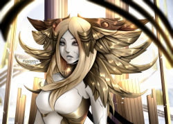 Rule 34 | 1girl, blonde hair, blurry foreground, breasts, colored skin, cracked skin, final fantasy, final fantasy xiv, grey eyes, lips, long hair, looking at viewer, medium breasts, no nipples, pale skin, pixie (pixieinktvis), revealing clothes, sin eater (ff14), solo, upper body, white skin