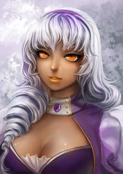 Rule 34 | 1girl, breasts, brooch, cleavage, cleavage cutout, clothing cutout, curly hair, daisy (elsword), dark-skinned female, dark skin, drill hair, elsword, frills, grey background, hair over shoulder, hairband, jewelry, large breasts, lips, lipstick, long hair, makeup, mole, orange eyes, parted lips, riskyin, shiny skin, signature, smile, solo, turtleneck, twin drills, twintails, upper body, white hair