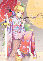 Rule 34 | 1girl, ahoge, alternate costume, artoria pendragon (all), artoria pendragon (fate), blonde hair, bow, braid, branch, cherry blossoms, closed mouth, egasumi, excalibur (fate/stay night), eyebrows, fate/stay night, fate (series), floral print, full body, geta, glowing, glowing sword, glowing weapon, green eyes, hair bow, highres, holding, holding sword, holding umbrella, holding weapon, japanese clothes, kimono, leaf, long sleeves, looking at viewer, obi, oil-paper umbrella, parasol, plant, platform footwear, reflection, saber (fate), sash, sitting, smile, solo, sword, tabi, tree stump, umbrella, weapon, white legwear, wide sleeves, xiaosan ye