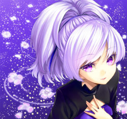 Rule 34 | 1girl, bad id, bad pixiv id, darker than black, flower, hair up, hand on another&#039;s chest, hand on own chest, lips, ponytail, purple eyes, purple hair, silver hair, smile, solo, unowen, upper body, water, yin (darker than black)