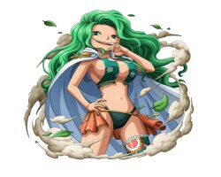 Rule 34 | 1girl, bikini, boa sandersonia, breasts, cape, green bikini, green eyes, green hair, hand on own hip, hand to own mouth, large breasts, leaf, long hair, navel, official art, one piece, one piece treasure cruise, open mouth, swimsuit, teeth, upper teeth only