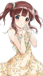 Rule 34 | 1girl, absurdres, bare arms, bare shoulders, blush, brown dress, brown eyes, brown hair, cherry print, closed mouth, collarbone, commentary request, dress, food print, hands up, highres, idolmaster, idolmaster cinderella girls, kuroba aki, ogata chieri, print dress, sidelocks, simple background, sleeveless, sleeveless dress, solo, steepled fingers, twintails, white background