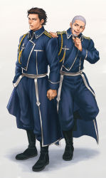 Rule 34 | 2boys, aiguillette, amestris military uniform, black footwear, blue jacket, blue pants, brown eyes, brown hair, clenched hand, commentary request, facial hair, facial scar, fullmetal alchemist, golden kamuy, grey background, grey hair, hand in pocket, hand on another&#039;s shoulder, highres, imperial japanese army, jacket, long sideburns, looking back, manly, military, military uniform, mprichin, multiple boys, open mouth, pants, scar, scar on cheek, scar on face, scar on nose, shaved head, shiraishi yoshitake, short hair, sideburns, sugimoto saichi, uniform