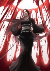Rule 34 | 1girl, absurdres, black hair, bleach, blood, breasts, highres, japanese clothes, large breasts, long hair, sword, unohana retsu, weapon