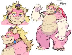Rule 34 | 1boy, bad id, bad twitter id, blue eyes, bowser, character name, character sheet, collar, elbow gloves, full body, gem, genderswap, genderswap (ftm), gloves, highres, horns, looking at viewer, lord peach, male focus, mario (series), monster, new super mario bros. u deluxe, nintendo, princess peach, red eyes, red hair, role reversal, shell, sketch, smile, starparlor, transformation, white gloves