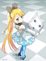 Rule 34 | 1girl, alicia solid, bare shoulders, black bow, black choker, blonde hair, blue eyes, bow, braid, checkered floor, choker, closed mouth, dress, from above, gloves, hair bow, high heels, highres, holding, long hair, looking back, niconi solid, niconico, perspective, single braid, smile, solo, standing, terebi-chan, thighhighs, very long hair, white gloves, yu4t