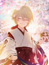 Rule 34 | 1boy, aether (genshin impact), ahoge, alternate costume, alternate hairstyle, blonde hair, blue sky, blush, bow, branch, cherry blossoms, closed eyes, commentary request, day, detached sleeves, genshin impact, hair between eyes, hair bow, hakama, hakama pants, hands up, happy, highres, holding, japanese clothes, long hair, long sleeves, male focus, outdoors, pants, petals, ponytail, red bow, red pants, red ribbon, red shirt, ribbon, ribbon-trimmed sleeves, ribbon trim, sakusakuagetate, shirt, sky, smile, solo, standing, tape, teeth, tree, vest, white vest, wide sleeves
