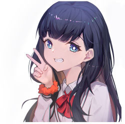 Rule 34 | 1girl, black hair, blue eyes, blunt bangs, bow, bowtie, bright pupils, gridman universe, hair behind ear, highres, jacket, long hair, looking at viewer, mmj, orange scrunchie, parted lips, red bow, red bowtie, scrunchie, simple background, smile, solo, ssss.gridman, takarada rikka, teeth, upper body, v, white background, white jacket, white pupils, wrist scrunchie