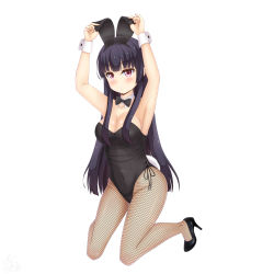Rule 34 | 1girl, absurdres, animal ears, armpits, arms up, black bow, black bowtie, black hair, black leotard, bow, bowtie, breasts, detached collar, fake animal ears, fishnet pantyhose, fishnets, full body, high heels, highres, kneeling, large breasts, leotard, long hair, looking at viewer, original, pantyhose, playboy bunny, pumps, rabbit ears, rabbit girl, rabbit tail, red eyes, sainohikari, shoes, solo, strapless, strapless leotard, tail, wrist cuffs
