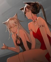 Rule 34 | 2girls, animal ears, arknights, armlet, bare legs, bare shoulders, black dress, black hair, breasts, choker, collarbone, covered navel, dress, ganet p, hair ornament, hairclip, hand up, highres, lappland (arknights), long hair, looking at another, looking at viewer, medium breasts, messy hair, multiple girls, ponytail, red dress, sitting, texas (arknights), unfinished, sketch background, upper body, very long hair, white hair, wolf ears, wolf girl, wristlet, yellow eyes