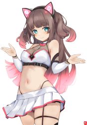 Rule 34 | 1girl, absurdres, aqua eyes, bow, bowtie, breasts, brown hair, closed mouth, commentary request, highres, hololive, johnny (braun-kan cafe), long hair, medium breasts, midriff, natsuiro matsuri, natsuiro matsuri (re:start), navel, pink bow, pink bowtie, pleated skirt, revision, simple background, skirt, solo, thighs, two side up, virtual youtuber, white background, white skirt