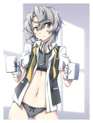 Rule 34 | 1girl, 547th sy, anchor symbol, asymmetrical hair, black vest, blush, bra, cup, gloves, gluteal fold, grey eyes, grey hair, grey panties, hair between eyes, highres, holding, holding cup, kantai collection, looking at viewer, mug, necktie, nowaki (kancolle), open clothes, open shirt, open vest, panties, shirt, short sleeves, smile, solo, sports bra, underwear, undone necktie, vest, white gloves, white shirt, yellow neckwear