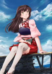 Rule 34 | 10s, 1girl, akagi (aircraft carrier), akagi (kancolle), bad id, bad pixiv id, brown eyes, brown hair, cloud, day, giant, giantess, historical name connection, japanese clothes, kantai collection, lezt, long hair, muneate, name connection, object namesake, ocean, personification, sitting, skirt, sky, smile, solo, thighhighs, water, white thighhighs, zettai ryouiki