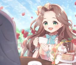 Rule 34 | 1girl, :d, absurdres, bad id, bad pixiv id, blue bow, blue sky, blurry, blurry background, blurry foreground, bow, brown hair, cake, cake slice, commission, cup, food, green eyes, hair bow, highres, i7min, idolmaster, idolmaster cinderella girls, kusakabe wakaba, long hair, open mouth, outdoors, sitting, skeb commission, sky, smile, table, teacup, tiered tray
