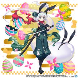 Rule 34 | 1girl, alternate costume, animal ears, animal print, black hairband, bug, butterfly, closed mouth, clothing cutout, commentary, copyright name, easter egg, egasumi, egg, elbow gloves, english commentary, fingerless gloves, full body, game cg, ghost, gloves, green eyes, green kimono, green pants, grey hair, hairband, holding, holding sword, holding weapon, insect, japanese clothes, katana, kimono, konpaku youmu, konpaku youmu (bunny ninja spirit), konpaku youmu (ghost), looking at viewer, ninja, pants, puffy pants, rabbit ears, rabbit print, red scarf, rotte (1109), scarf, short hair, shuriken, side cutout, solo, standing, star (symbol), star print, sword, third-party source, touhou, touhou lost word, weapon