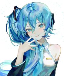 Rule 34 | absurdres, alternate hairstyle, ani 019, black sleeves, blue eyes, blue hair, blue nails, blue necktie, closed mouth, collared shirt, derivative work, detached sleeves, grey shirt, hatsune miku, hatsune miku (noodle stopper), highres, long hair, looking at viewer, nail polish, necktie, photo-referenced, shirt, side ponytail, simple background, sleeveless, sleeveless shirt, smile, vocaloid, white background