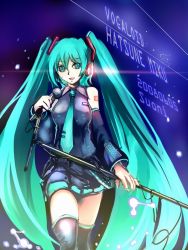 Rule 34 | bad id, bad pixiv id, blue eyes, blue hair, detached sleeves, hatsune miku, long hair, microphone, microphone stand, necktie, skirt, solo, suoni (deeperocean), thighhighs, twintails, vocaloid