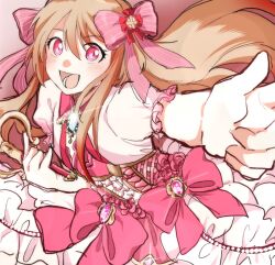 Rule 34 | 1girl, blonde hair, blush, chaos marie (grimms notes), cleavage cutout, clothing cutout, dress, flower, frills, grimms notes, hair ribbon, highres, holding, holding wand, holding weapon, jewelry, long hair, mvhorror, open mouth, outstretched arm, pendant, pink flower, pink rose, puffy short sleeves, puffy sleeves, ribbon, rose, short sleeves, smile, solo, wand, weapon