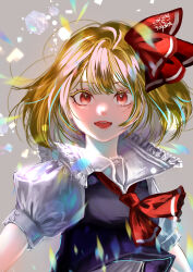 Rule 34 | 1girl, :d, absurdres, ascot, blonde hair, blush, breasts, fangs, grey background, hair ribbon, highres, medium hair, nostrils, open mouth, puffy short sleeves, puffy sleeves, red ascot, red eyes, red ribbon, ribbon, rumia, short sleeves, sidelighting, simple background, small breasts, smile, solo, soyohito, touhou, upper body