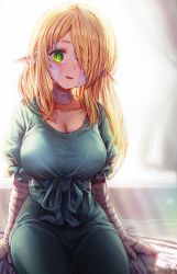Rule 34 | 1girl, absurdres, bandaged arm, bandages, bandaid, bandaid on breast, bandaid on ear, bandaid on face, bandaid on neck, blonde hair, boroboro no elf-san o shiawaseni suru kusuri uri-san, breasts, cleavage, dress, elf, gibagiba, green dress, green eyes, hair over one eye, highres, large breasts, looking at viewer, parted lips, pointy ears, puffy short sleeves, puffy sleeves, reszurre, short sleeves, sitting, smile, solo, tearing up